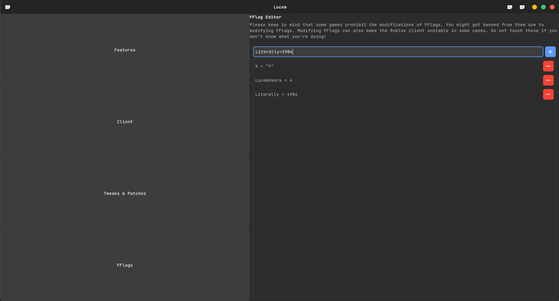 A demo of Lucem's nice looking GTK4 based FFlag editor