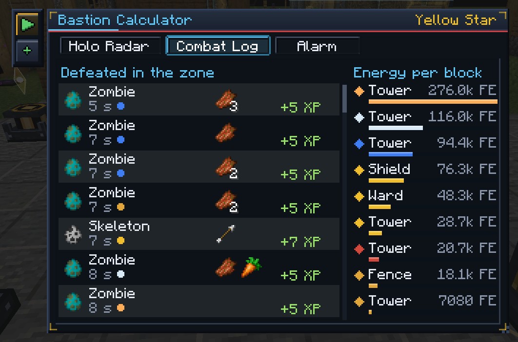The combat log: defeated mobs, loot and energy per tower