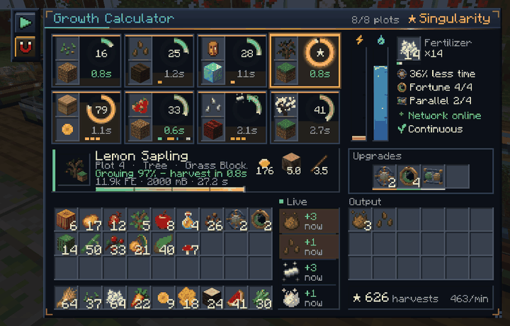 The Growth Calculator window – growth rings, tanks and live harvest feed