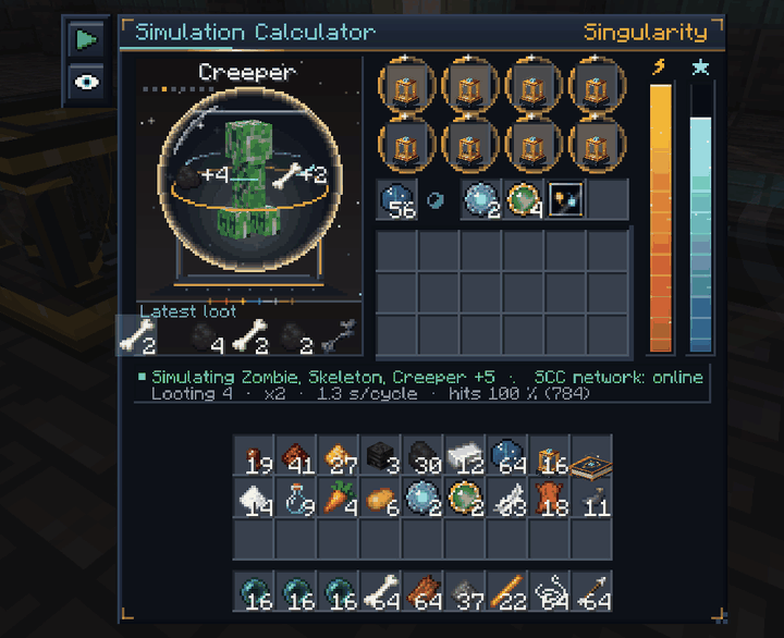The Simulation Calculator window – orb hologram, progress rings, live loot feed