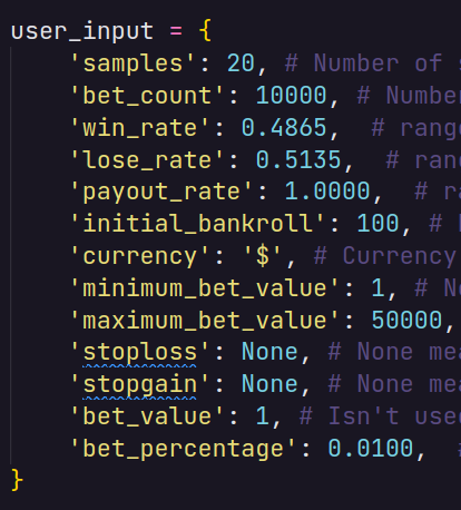 User Inputs for European Roulette