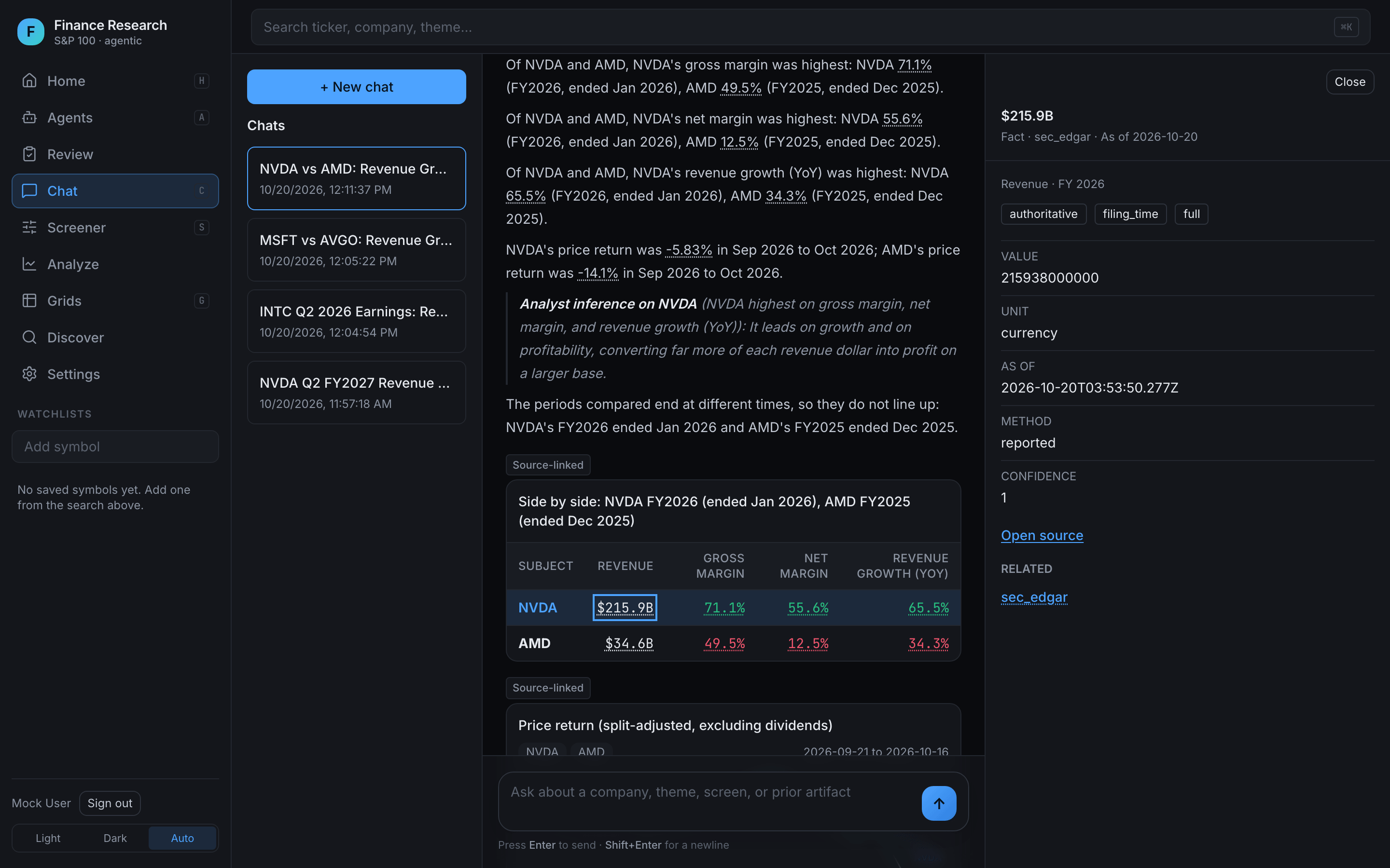 The evidence inspector open on NVDA's FY2026 revenue, showing the SEC EDGAR fact behind it