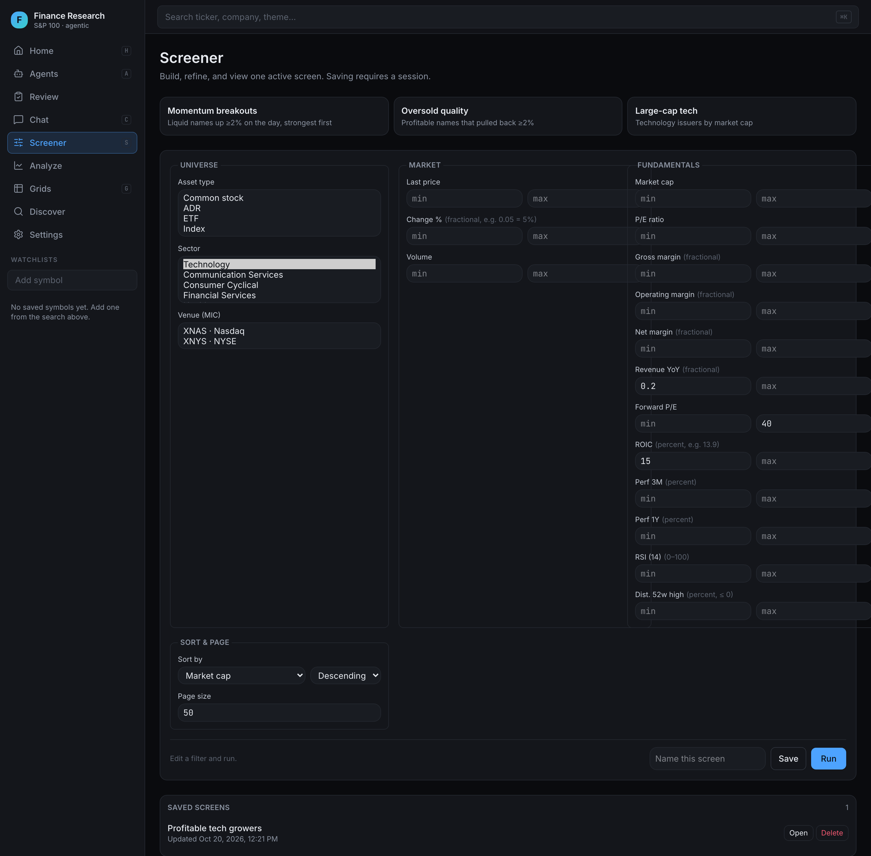 The screener with sector, revenue growth, forward P/E, and ROIC filters, and a saved screen