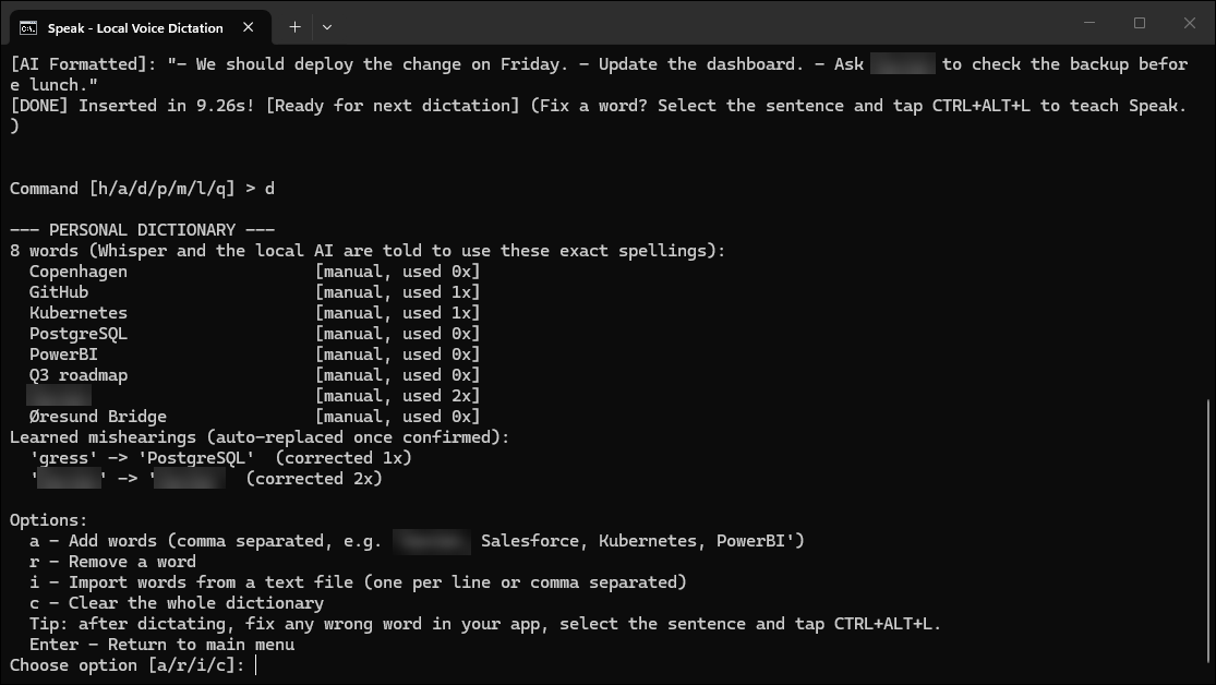 Personal dictionary with learned corrections