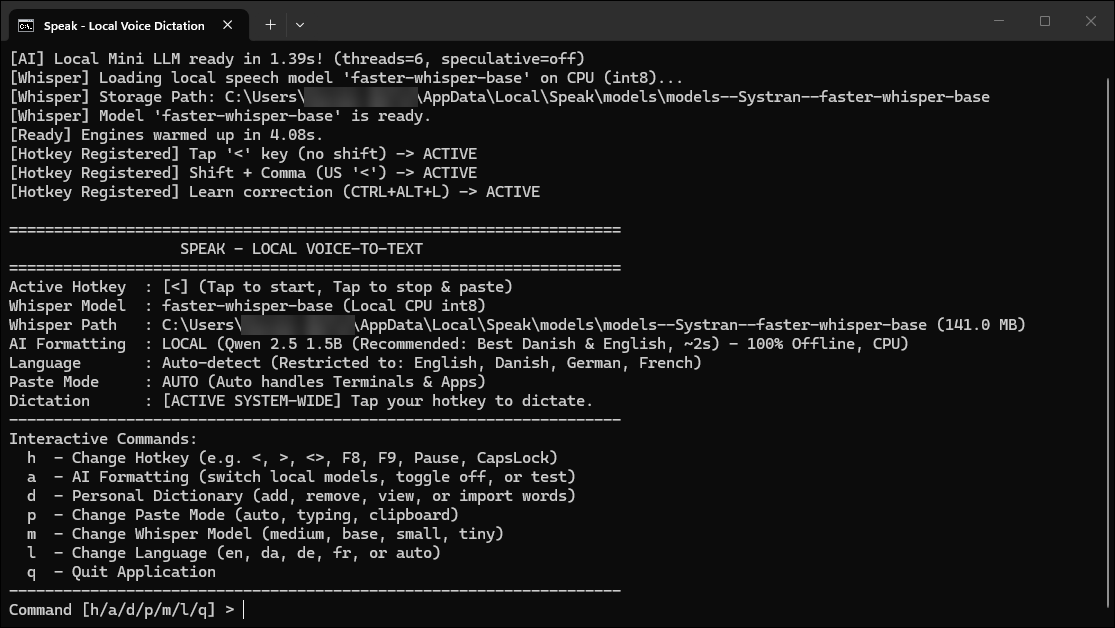 Speak status screen