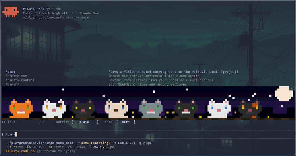 cats mode: eight pixel cats in party hats dancing on a rooftop