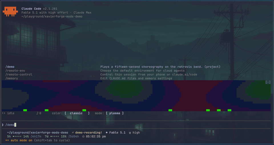 plasma mode: a color field with equalizer bars and peak markers