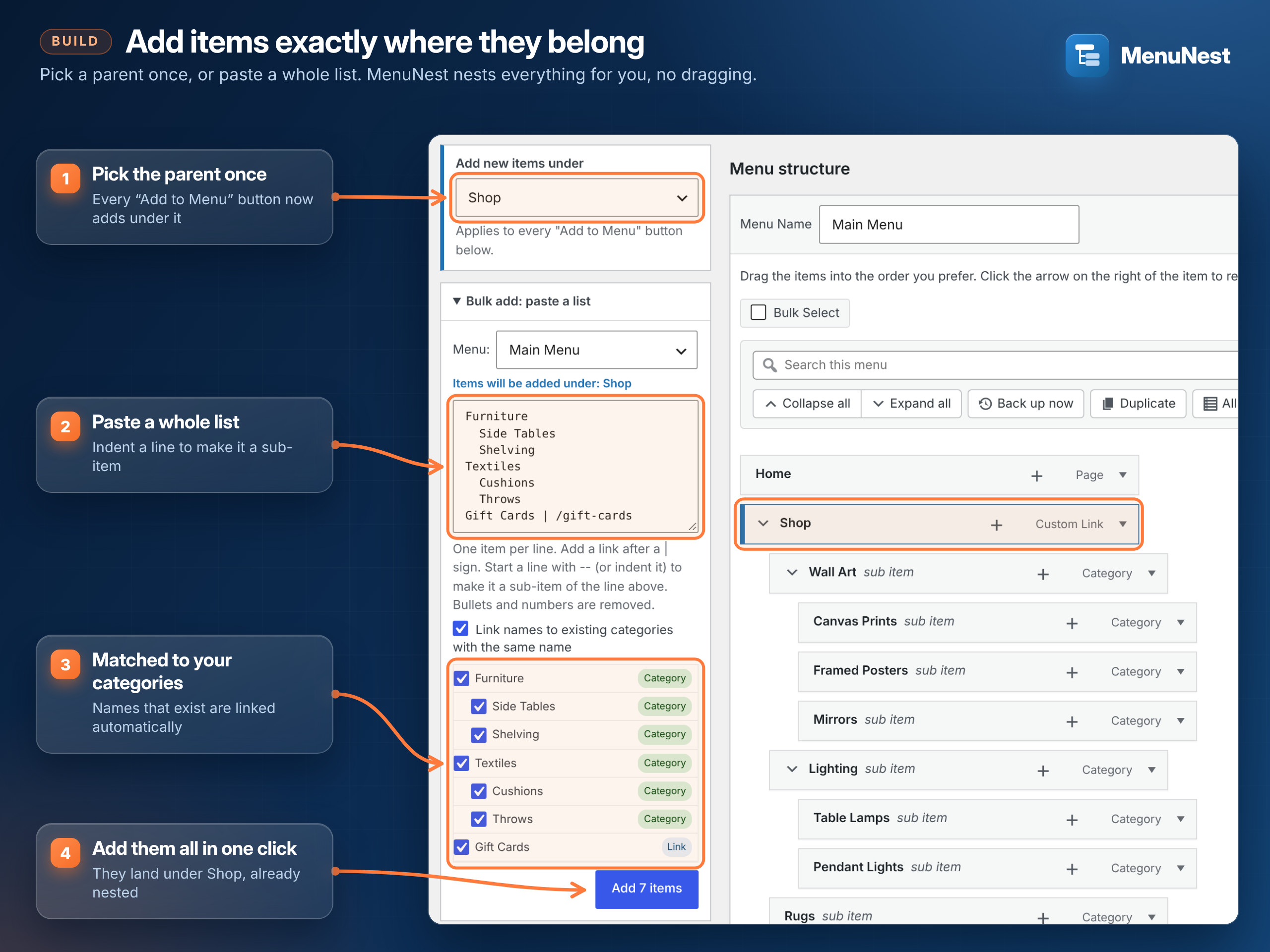 Add new items under any parent, and bulk add from a pasted list