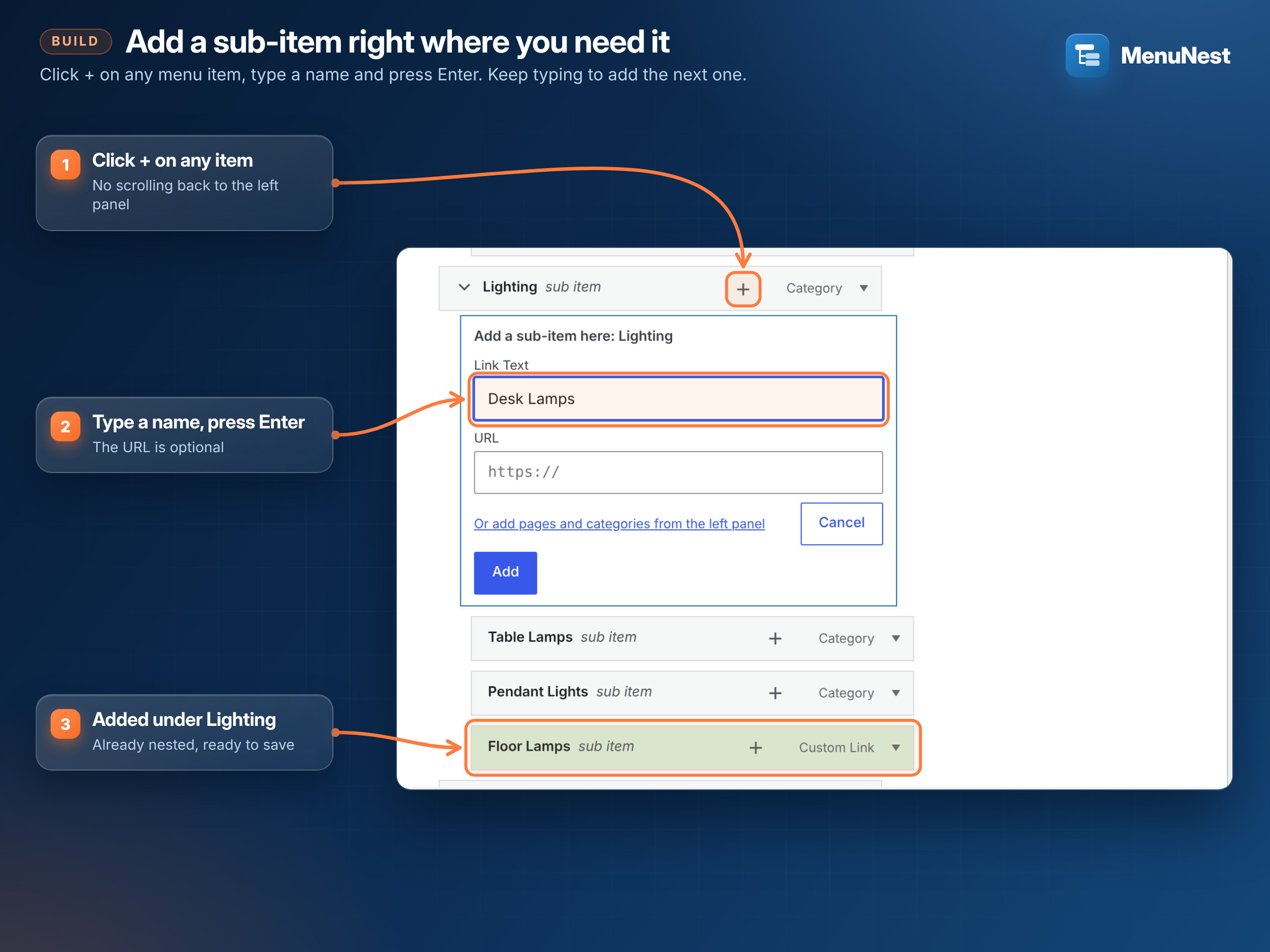 The plus button adds a sub-item right where you want it