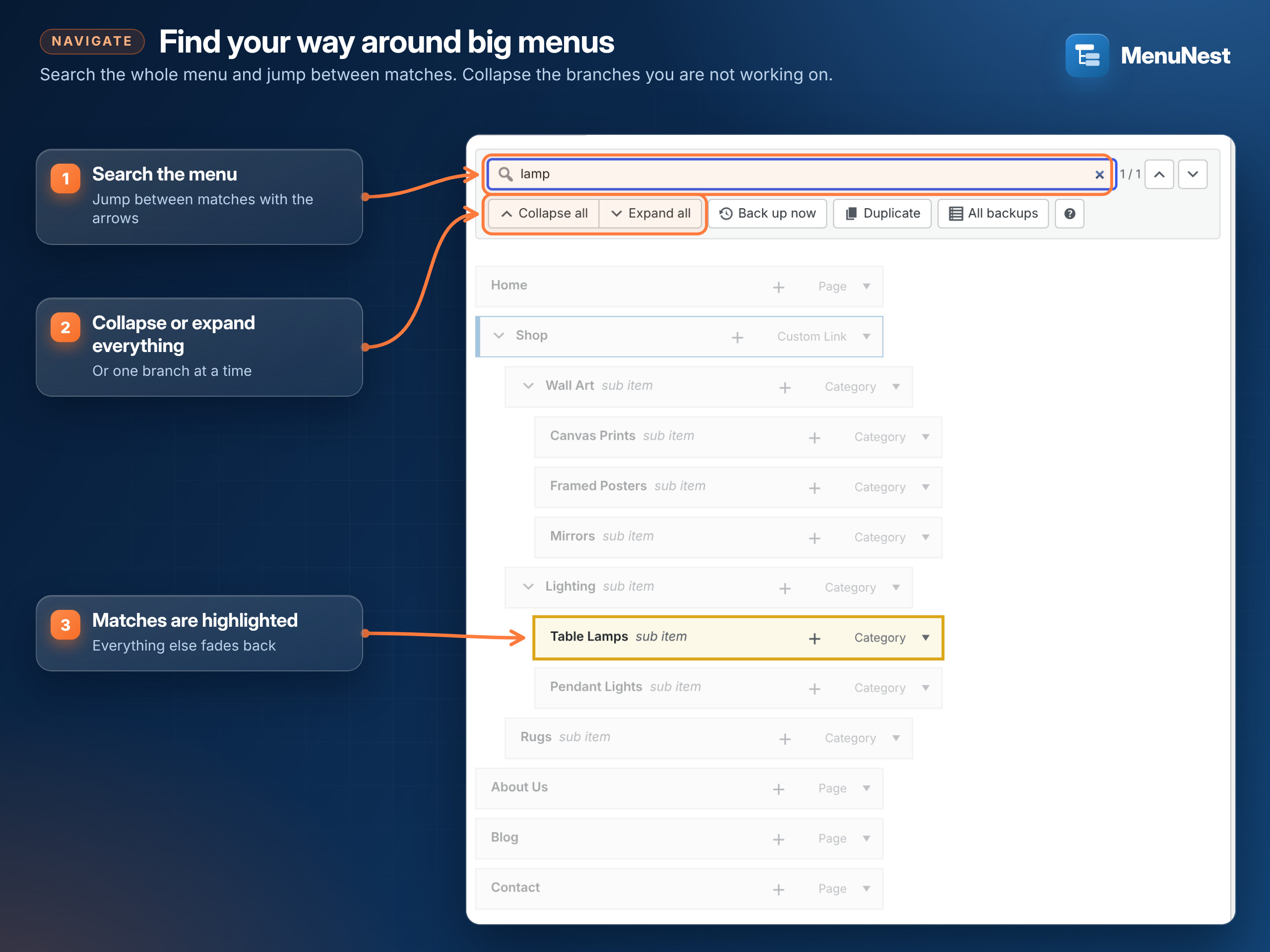 Collapse, expand and search big menus