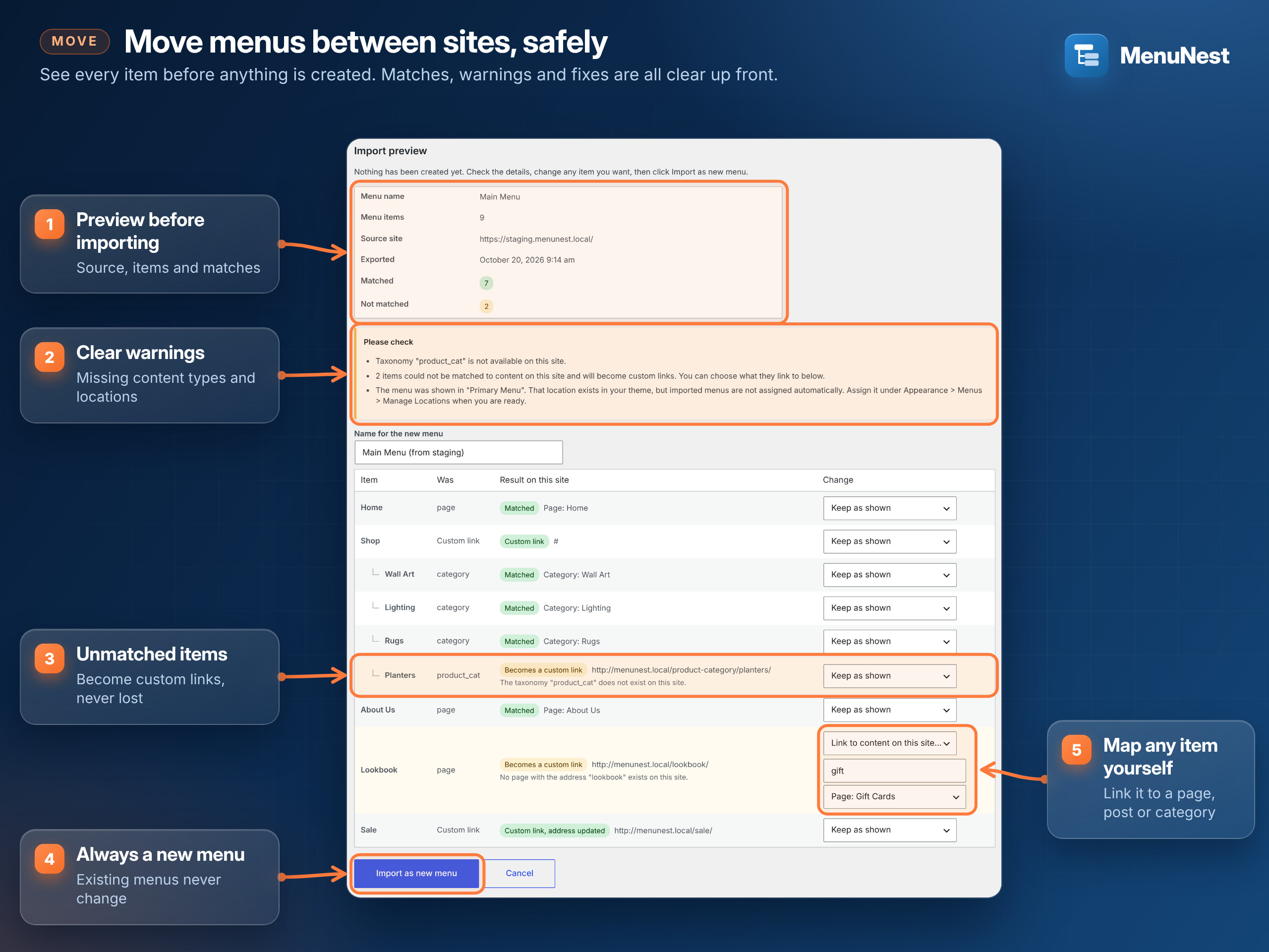 Import preview with matching, warnings and manual mapping