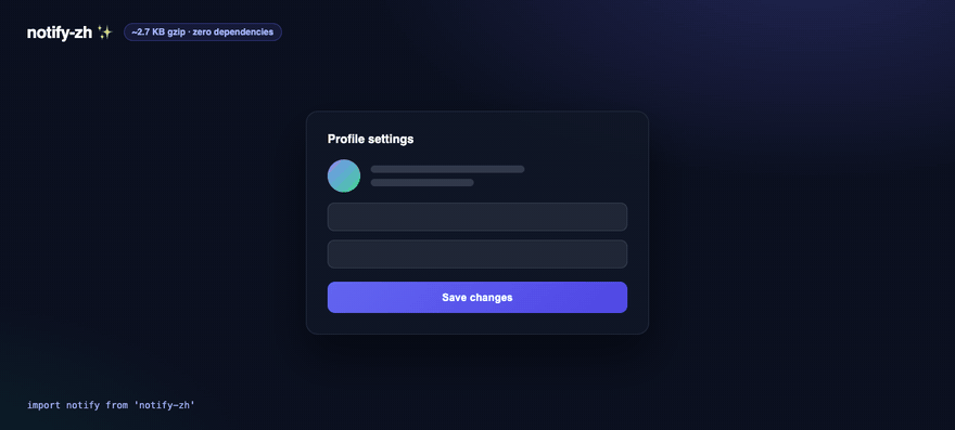 notify-zh demo — success toast, sticky notification with close button, promise loading-to-success, dismissAll