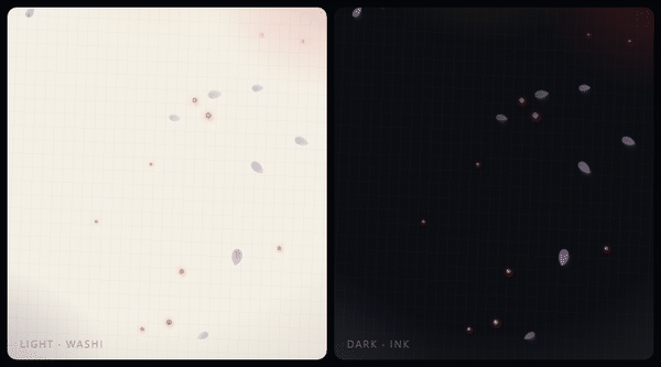 Ambience layer: embers rising and wisteria petals falling over washi paper (light) and ink (dark)