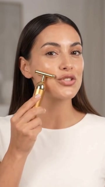 Donna che appoggia il Beauty Bar 24K Golden Pulse sulla guancia
