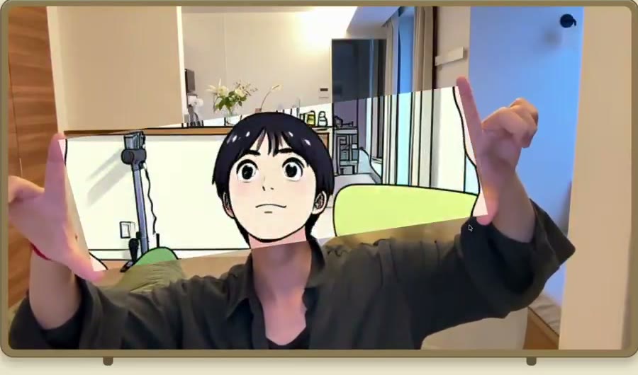 blinkface demo — hands frame the face, anime restyle inside
