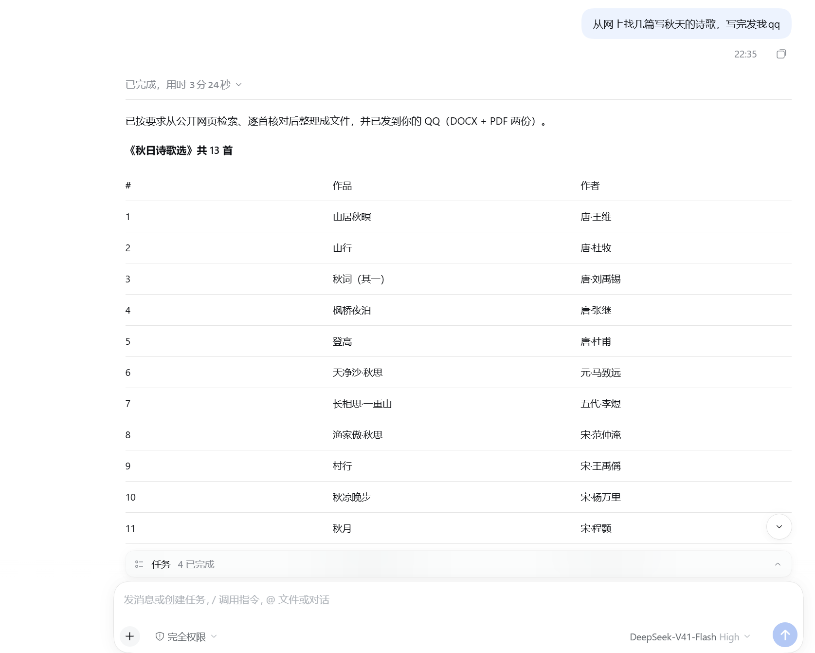 The DSH desktop app: the user asked 「从网上找几篇写秋天的诗歌，写完发我 qq」 (find a few autumn poems online and send them to my QQ when done); the session shows 「已完成，用时 3 分 24 秒」 (done, took 3m24s), the answer explains it searched public web pages, checked each poem and compiled them into a file which it sent to QQ as DOCX and PDF, and below is a table of the 13 poems with number, work and author