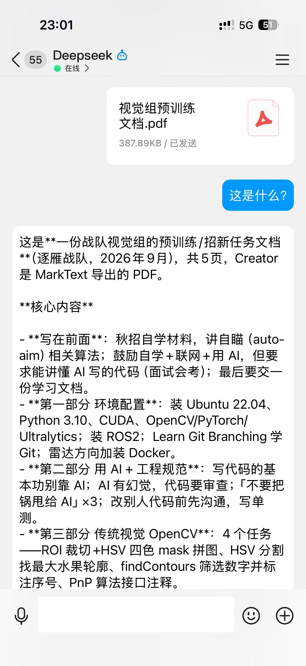 The user sends 「视觉组预训练文档.pdf」 (387.89KB) into the QQ chat and asks 「这是什么？」; the agent answers that it is a vision-group pre-training / recruitment task document from the Zhuyan team dated September 2026, five pages, exported from MarkText, and summarises it under three headings: environment setup, AI plus engineering discipline, and four traditional OpenCV tasks