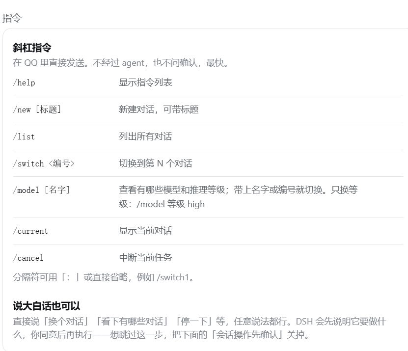 The 「指令」 group of the settings page: a 「斜杠指令」 table listing /help, /new [标题], /list, /switch <编号>, /model [名字], /current, /cancel with their descriptions, footer 「分隔符可用「:」或直接省略，例如 /switch1。」; below it a 「说大白话也可以」 paragraph saying that plain 「换个对话」「看下有哪些对话」「停一下」 all work