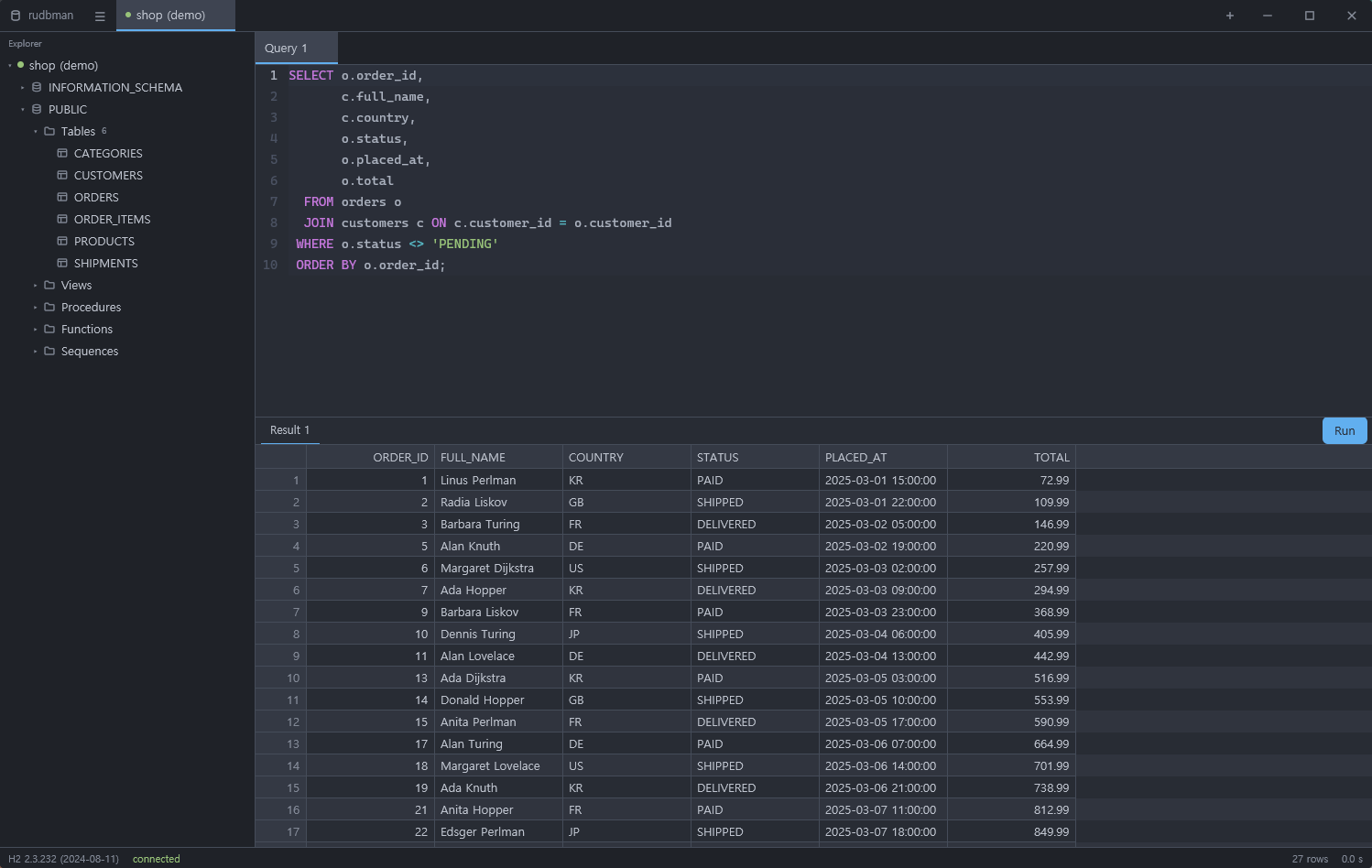 The SQL workbench: explorer, editor and a result grid