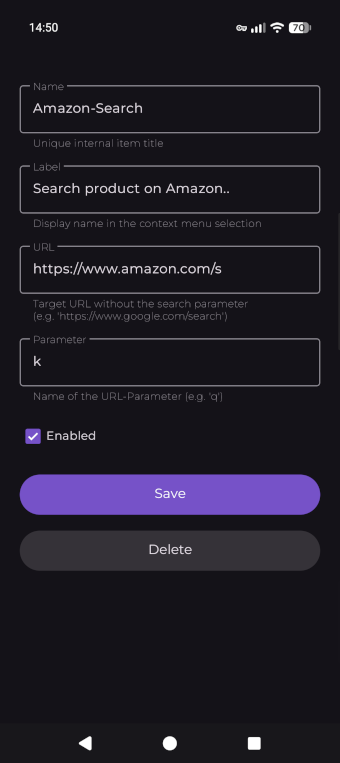 Context menu entry settings