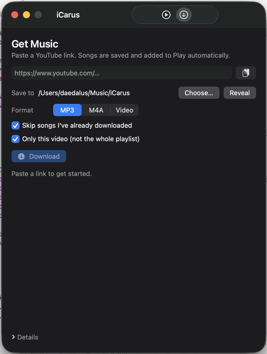 iCarus media download interface