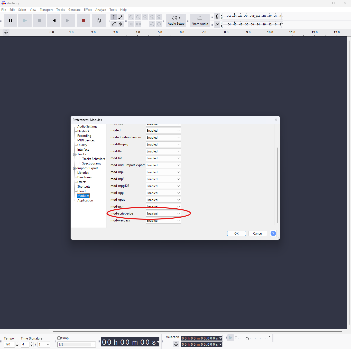 Enable mod-script-pipe in Audacity Preferences → Modules