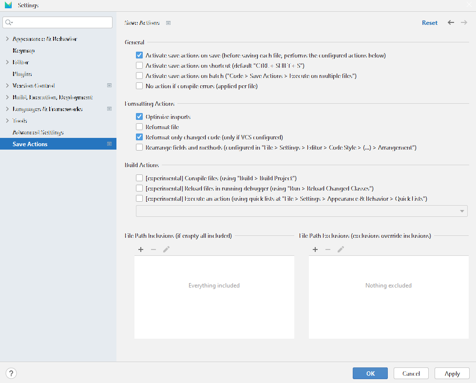 Save actions plugin settings page