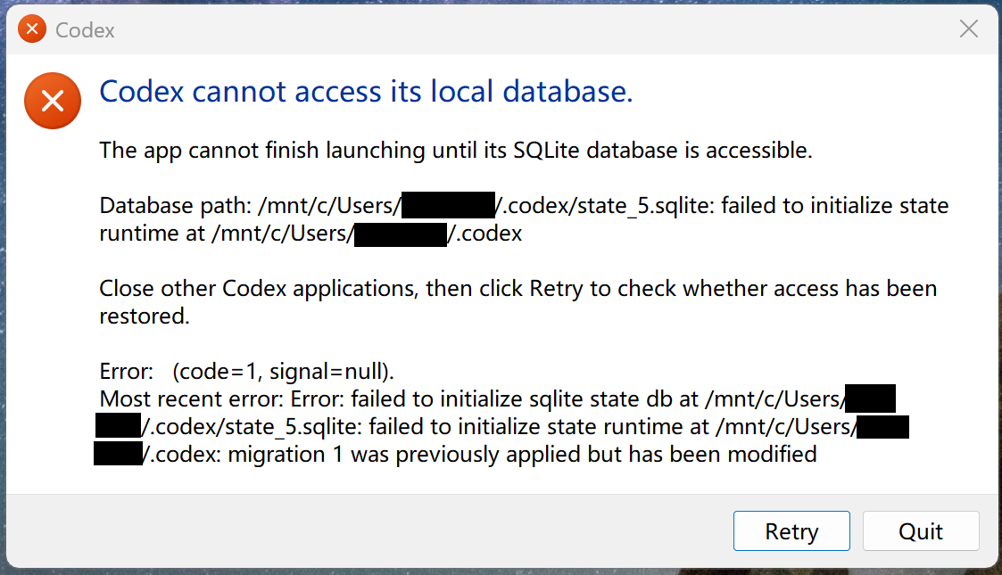 Redacted screenshot of Codex local database startup error
