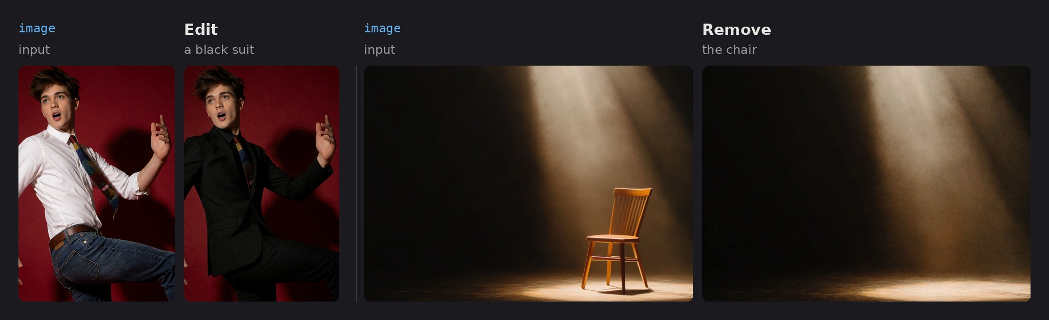 Two General Edit V2 results: the dancing man's white shirt and jeans become a black suit with his face, pose and red backdrop kept; the empty stage with a chair in the spotlight comes back with the chair removed and the light unchanged.