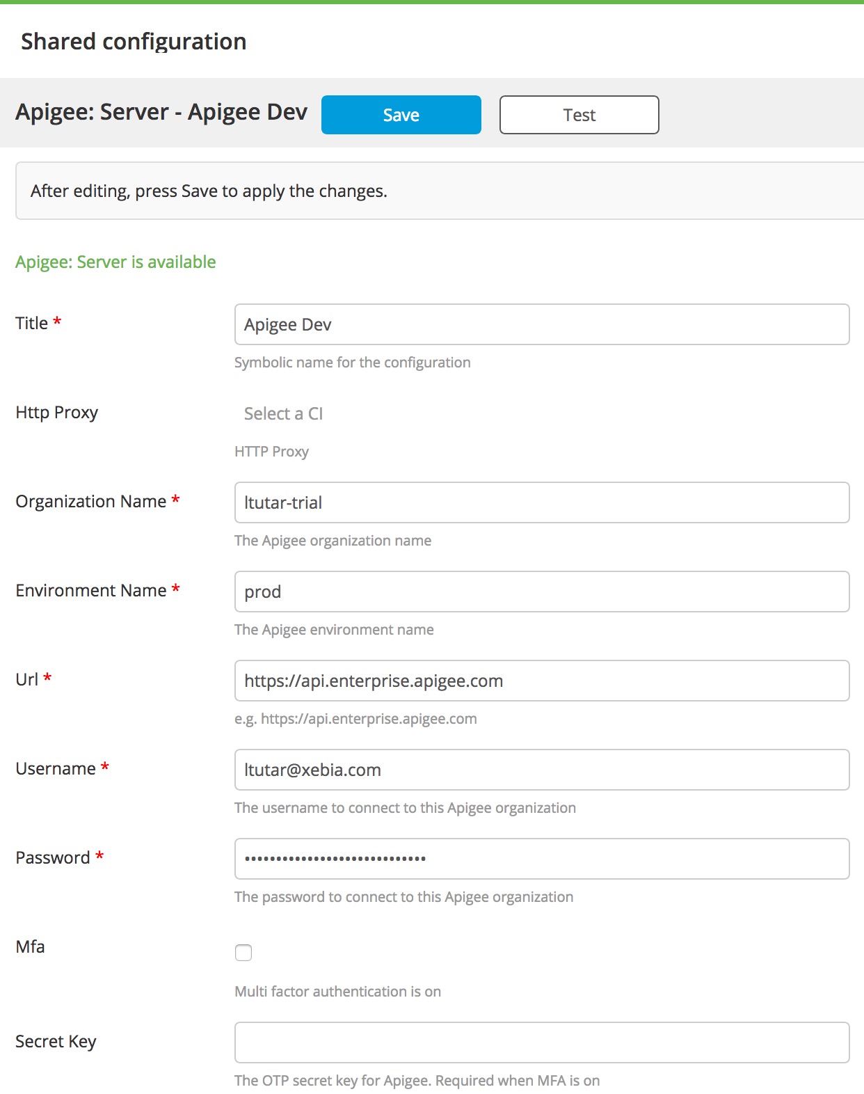 Screenshot of Shared configuration Apigee Server