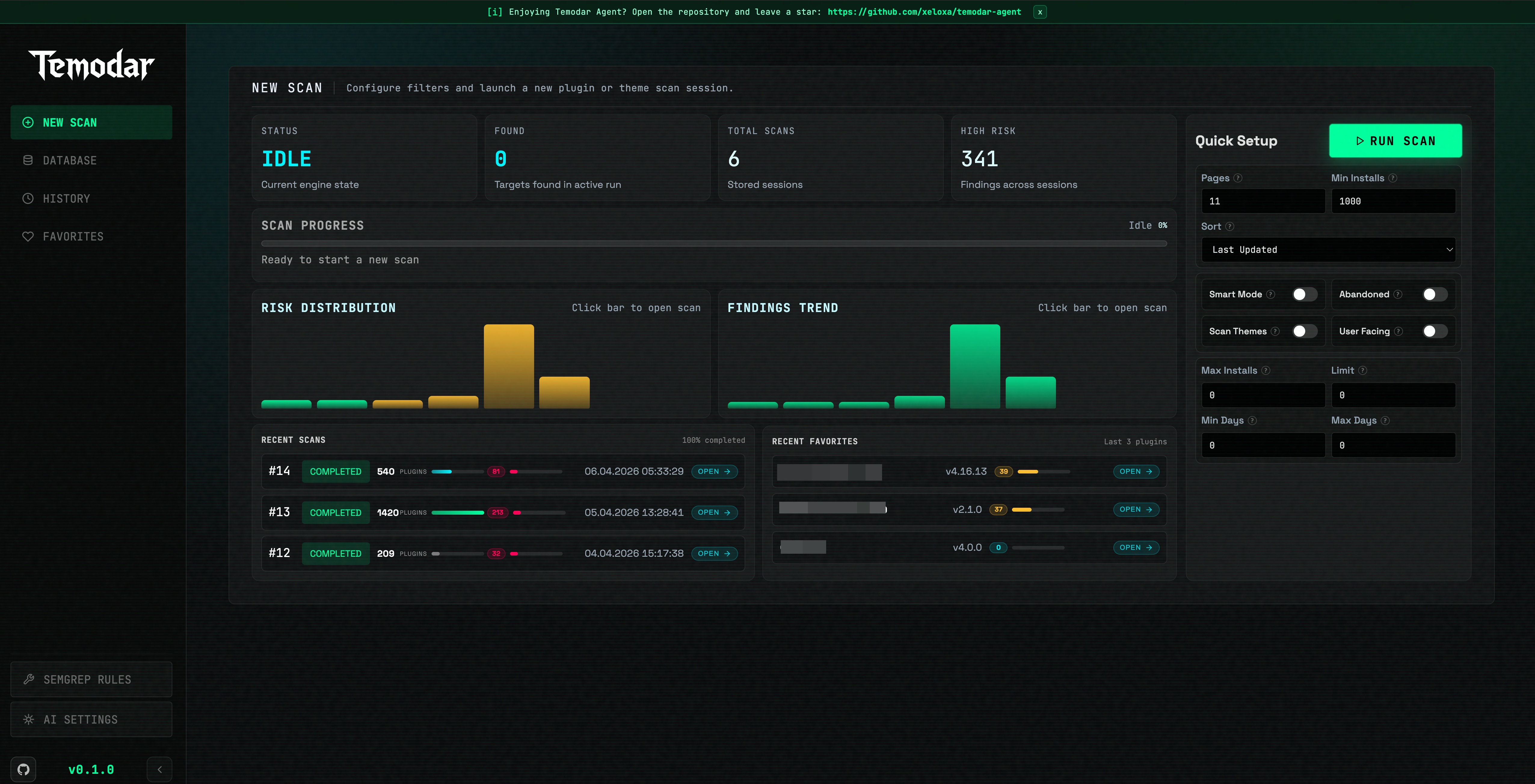 Temodar Agent AI security dashboard