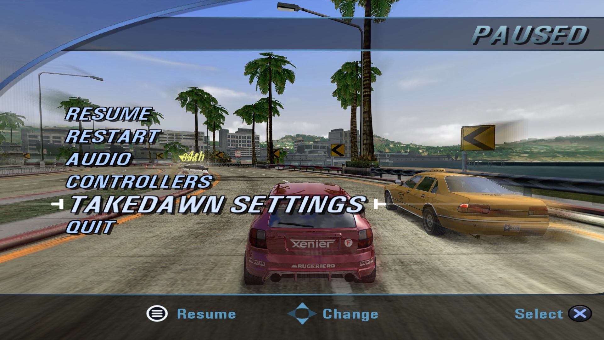 The game's pause menu with TAKEDAWN SETTINGS selected and PlayStation button prompts at the bottom