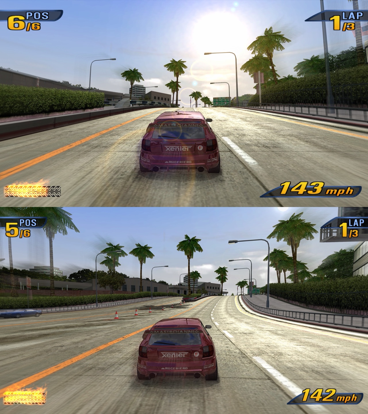 The same race twice: on top the displays stretched wide, below them in their proper shape