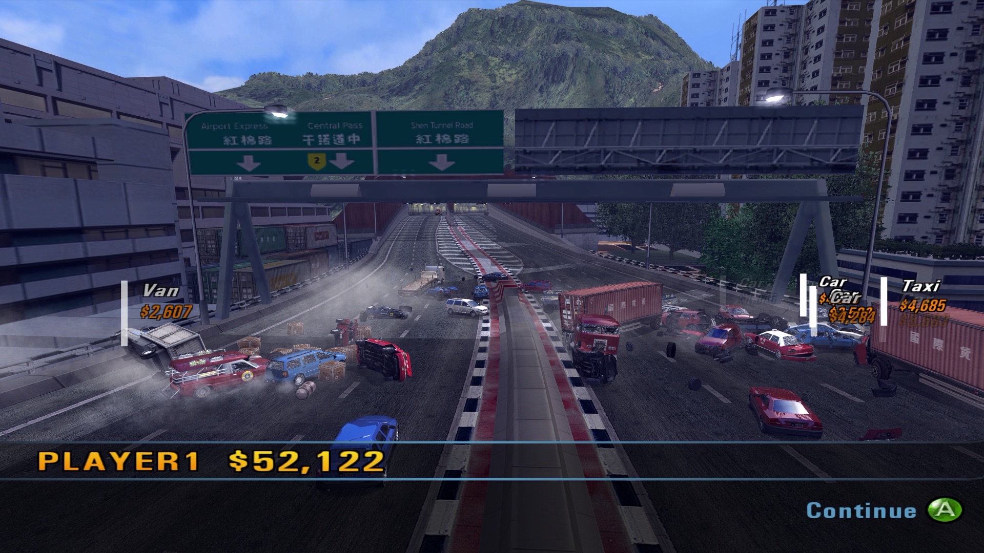 Crash mode seen from above: a pile-up of cars and trucks at a dockside junction, with the money tally