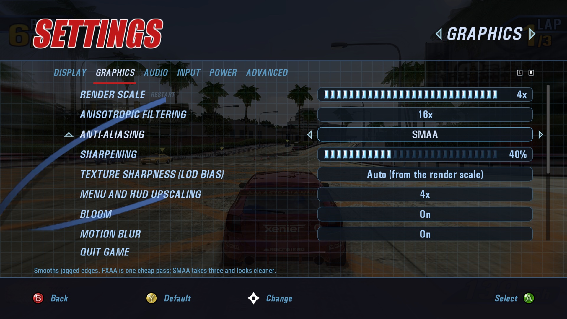 Menu gráfico de Takedawn com escala de renderização, filtros e opções de bloom e motion blur