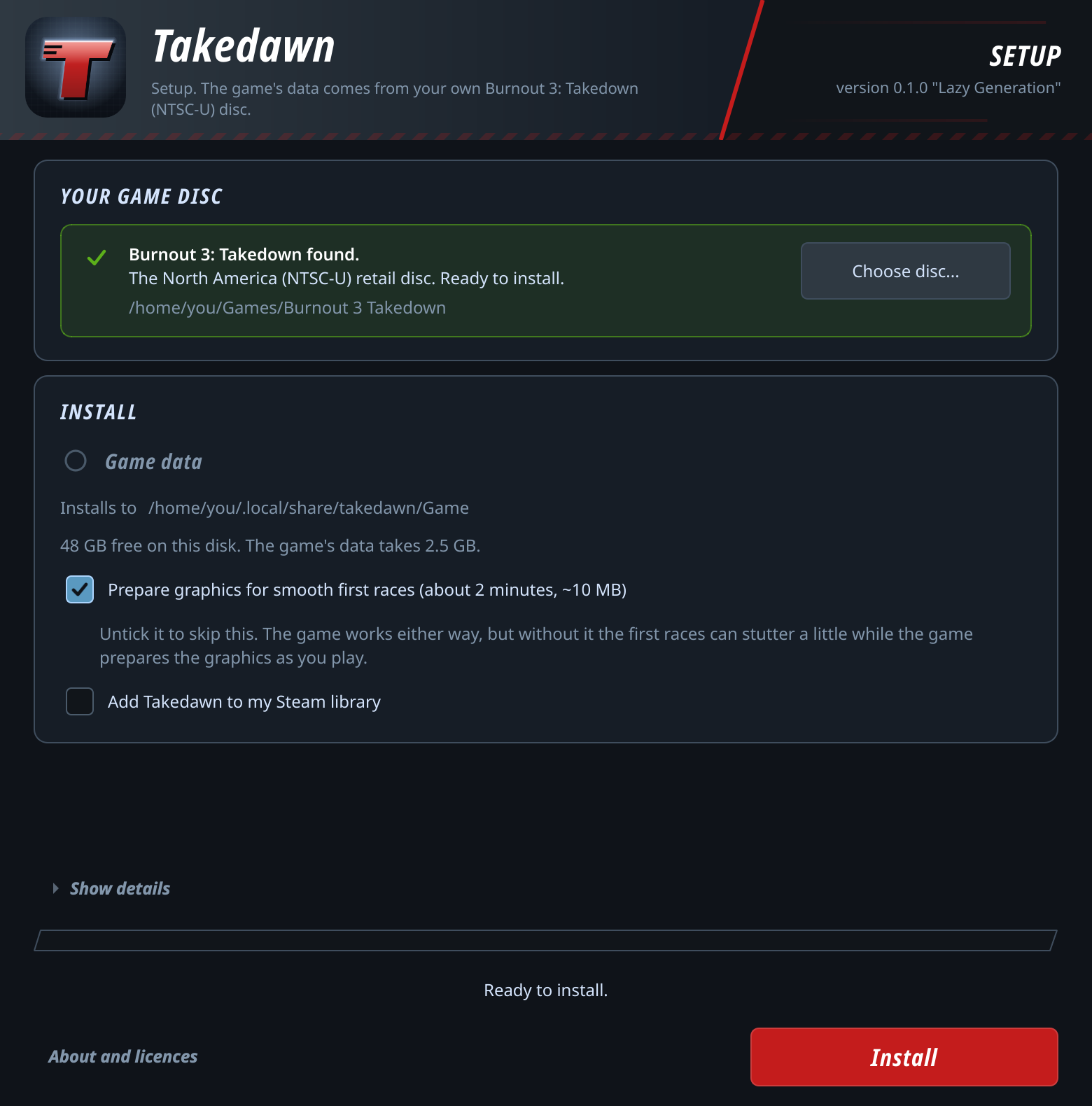 Instalador do Takedawn reconhece disco americano de Burnout 3 e oferece instalação dos dados