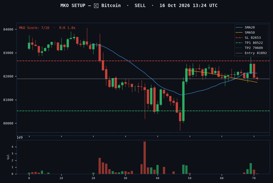 Bitcoin short setup chart, 1H, 16 Oct 2026