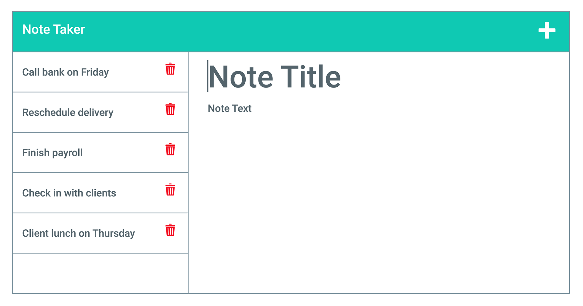 Existing notes are listed in the left-hand column with empty fields on the right-hand side for the new note’s title and text.