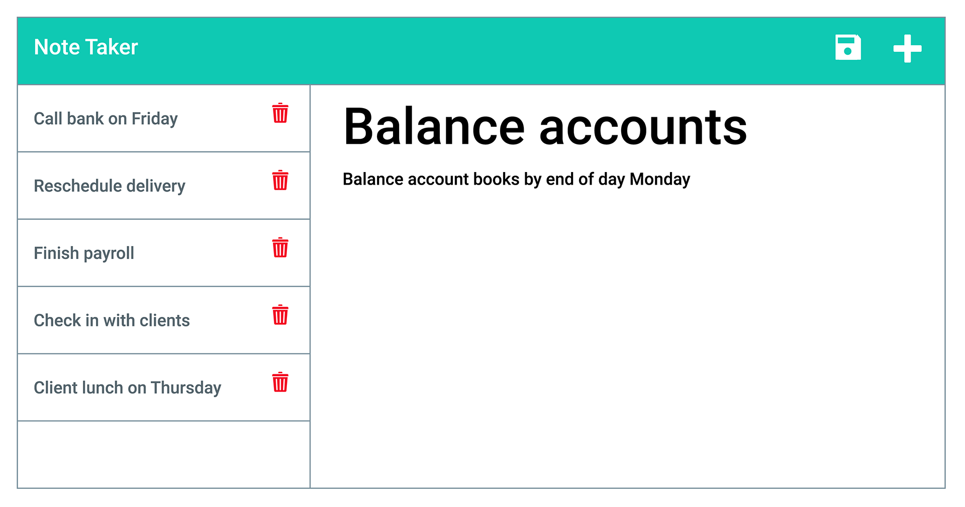 Note titled “Balance accounts” reads, “Balance account books by end of day Monday,” with other notes listed on the left.