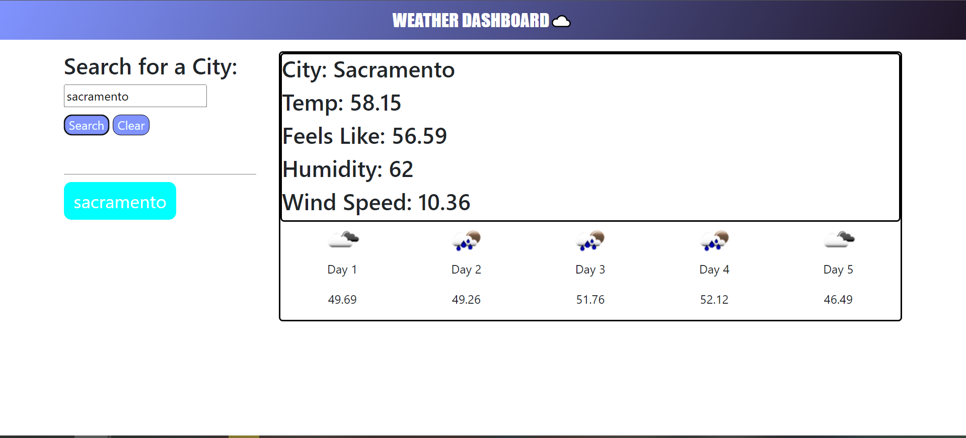 The weather app includes a search option, a list of cities, and a five-day forecast and current weather conditions for Sacramento.