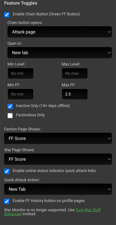 Screenshot showing feature settings