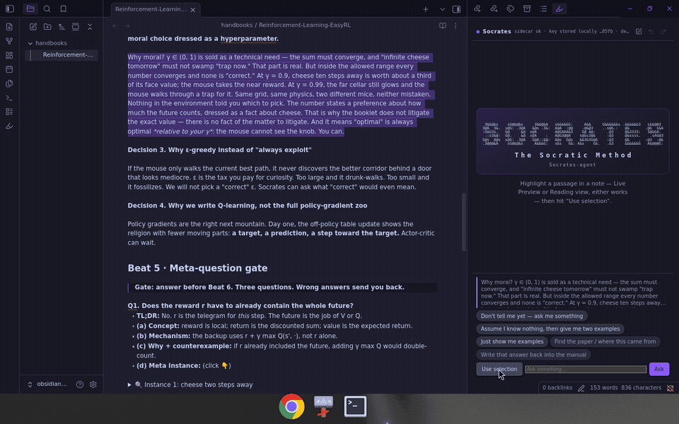 演示：在笔记里划中一段，点 Use selection，苏格拉底侧栏开始追问。