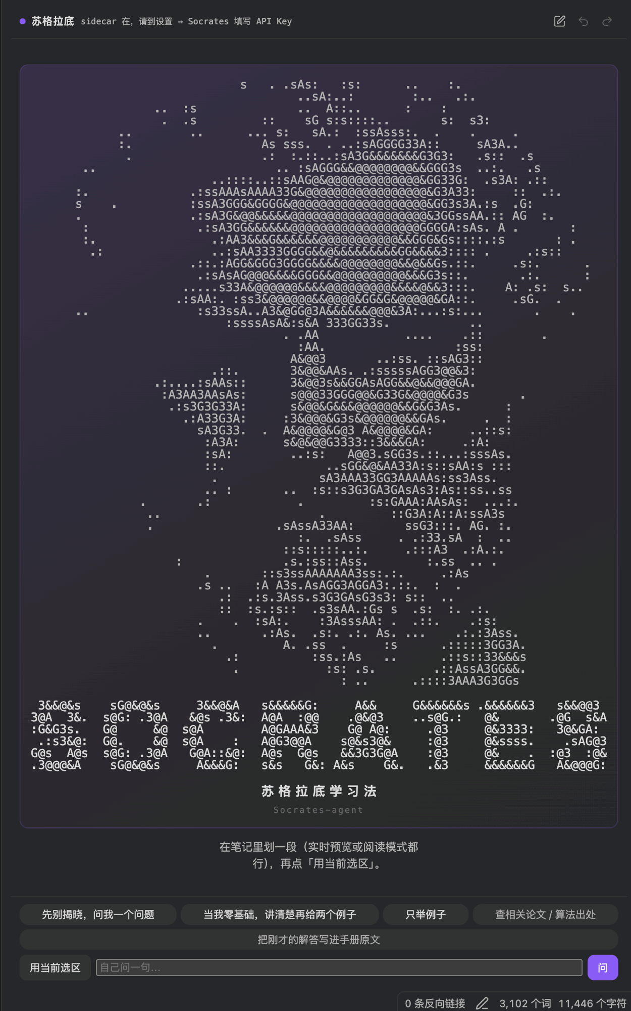 刚装好、还没填 Key 时的侧栏：顶上一行写着「sidecar 在，请到设置 → Socrates 填写 API Key」，中间是苏格拉底的字符画肖像和「苏格拉底学习法」字标，底下一排芯片——前三枚是亮的，「查相关论文 / 算法出处」和「把刚才的解答写进手册原文」两枚是灰的。