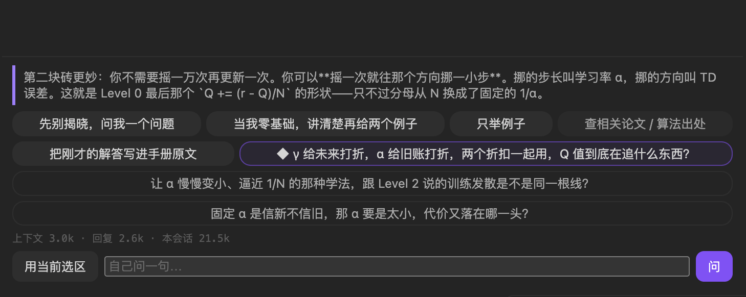 侧栏底部的芯片区：四枚固定芯片下面，一条带 ◆ 的深挖问题被高亮框起来——「γ 给未来打折，α 给旧账打折，两个折扣一起用，Q 值到底在追什么东西？」