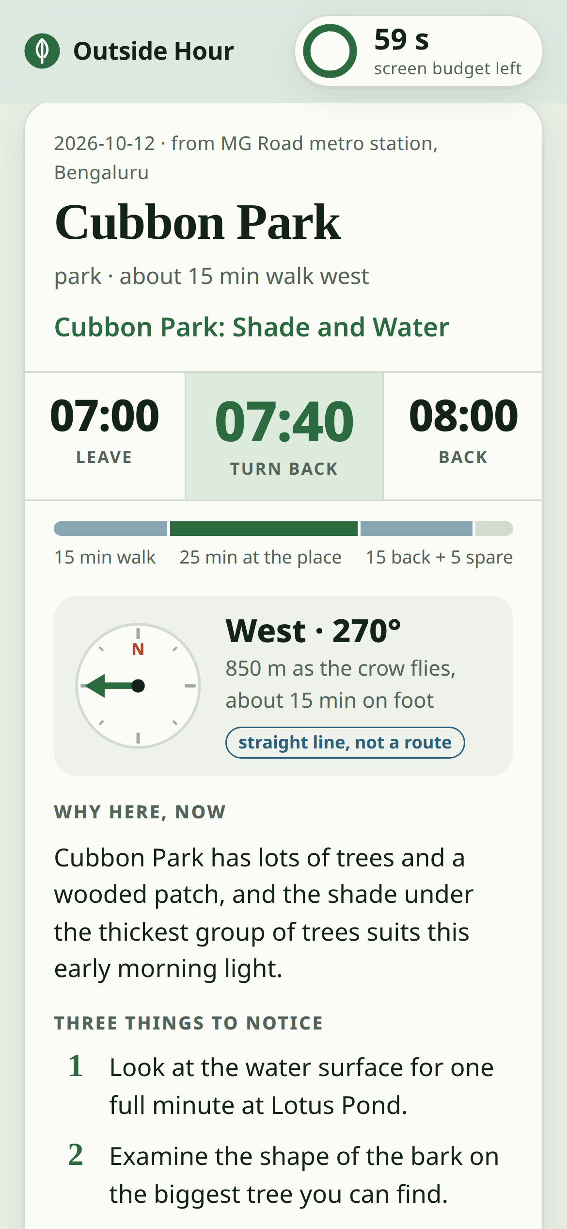 Outside Hour pocket card for a walk in Cubbon Park