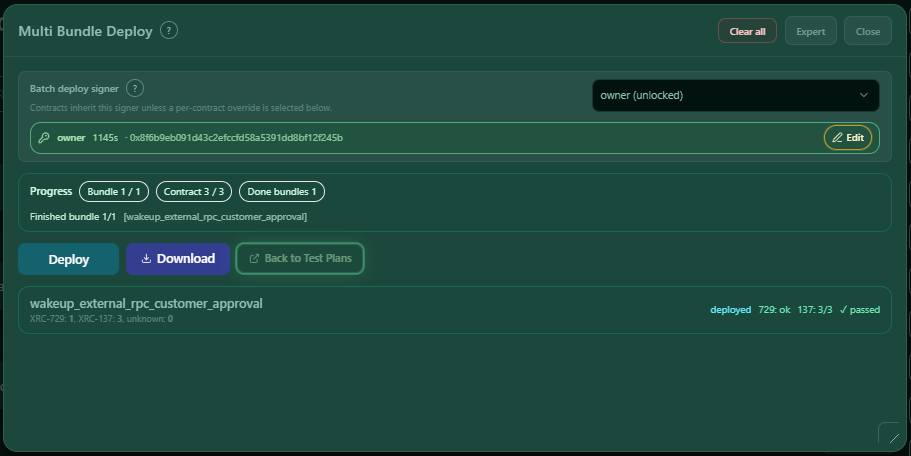 Deploy progress, completed result and download button
