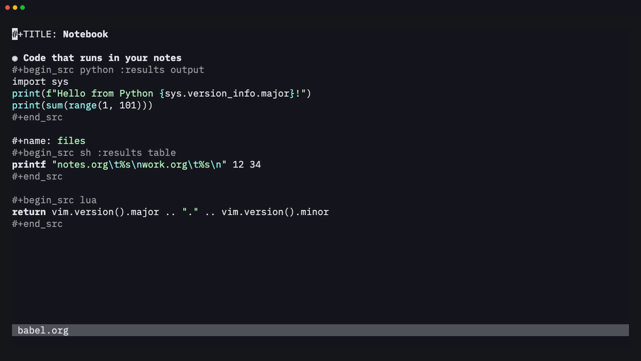 Running Python, shell and Lua blocks and inserting their results