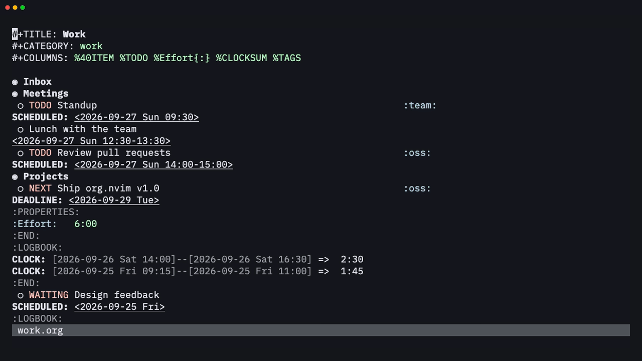Clocking in, inserting a clock table, then opening column view