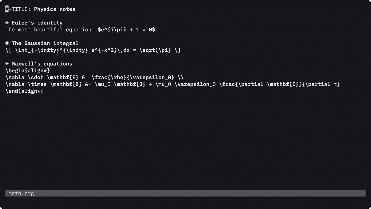 Rendering an inline formula, a displayed integral and an align environment, then hiding one
