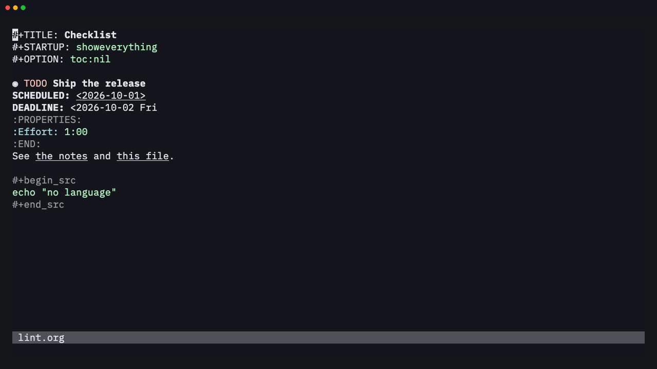 org-lint listing five problems of a file and jumping to one